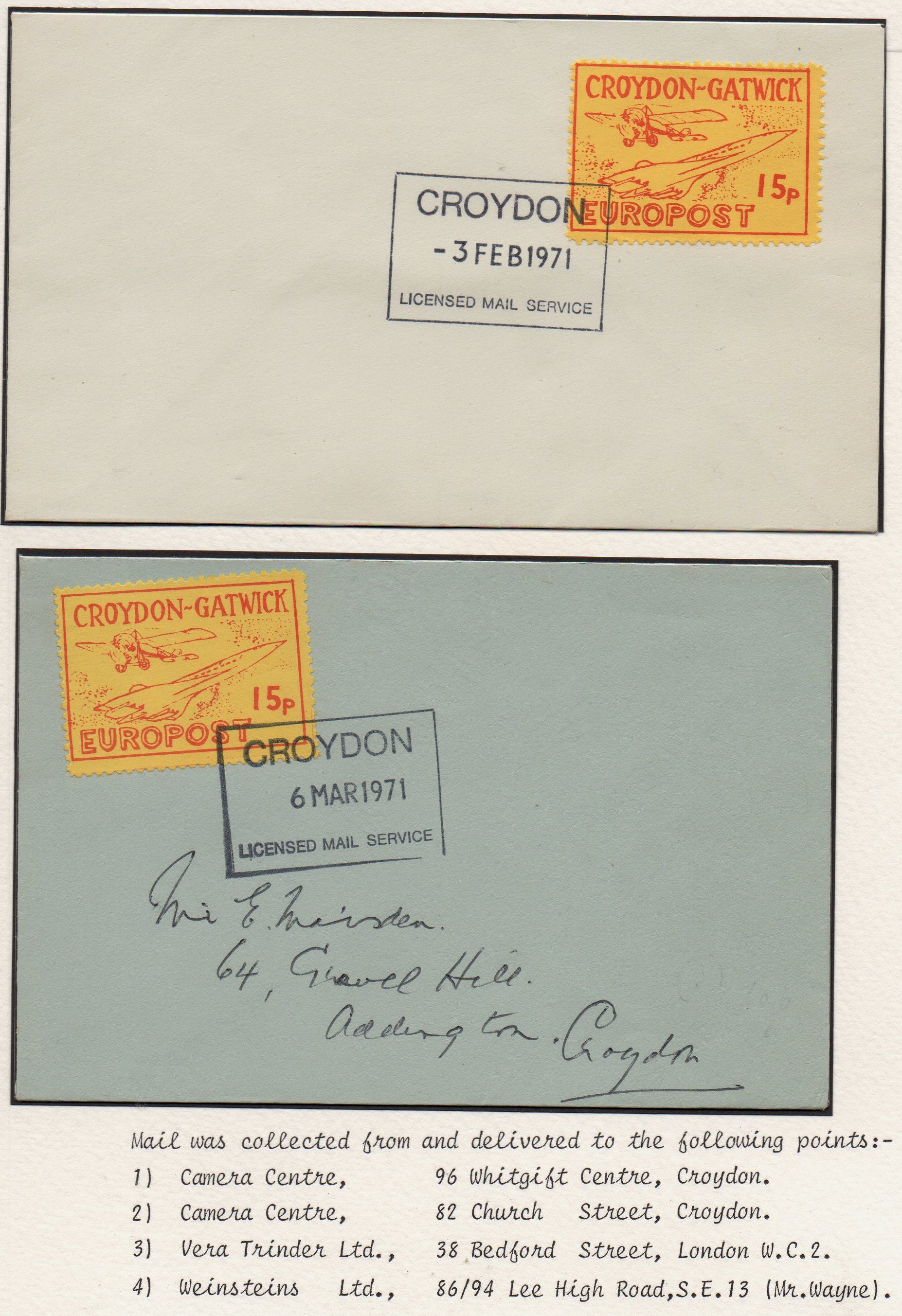Croydon Gatwick Strike Post Stamps 1971 15p Concorde design on cover, first day and last day cancellations